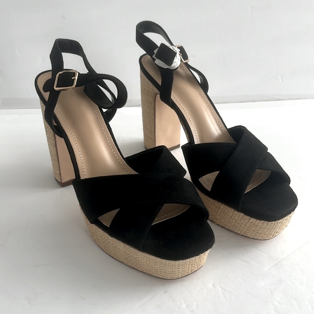JUSTFAB Tina Crossover Platform Sandal Black Chunky Block Heel Shoes Size 10 New - Picture 4 of 7